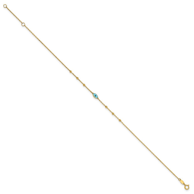14k Diamond-cut Bead Stations Blue Glass Evil Eye Anklet Plus Extender