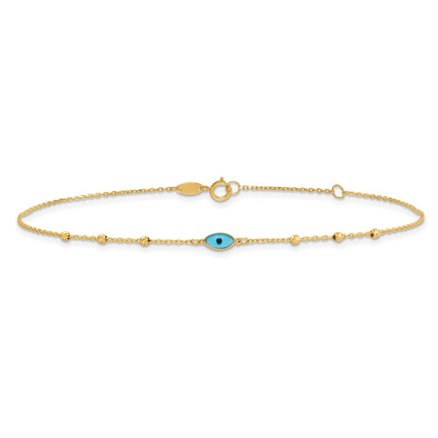 14k Diamond-cut Bead Stations Blue Glass Evil Eye Anklet Plus Extender