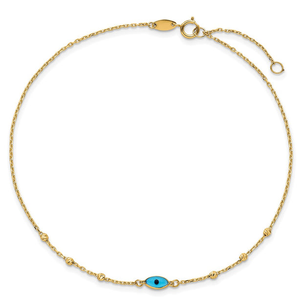 14k Diamond-cut Bead Stations Blue Glass Evil Eye Anklet Plus Extender
