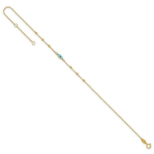 14k Diamond-cut Bead Stations Blue Glass Evil Eye Anklet Plus Extender