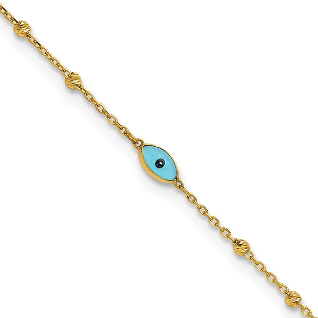 14k Diamond-cut Bead Stations Blue Glass Evil Eye Anklet Plus Extender