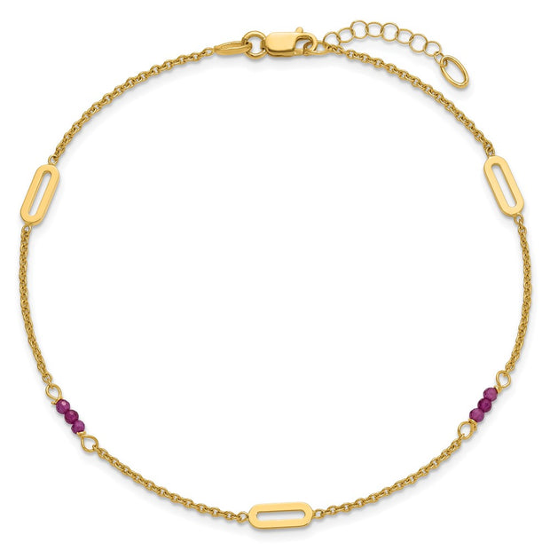 14k Polished Red Corundum Beads and Ovals Anklet Plus Extender