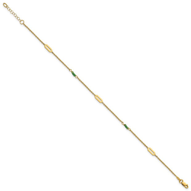 14k Polished Green Zircon Beads and Ovals Anklet Plus Extender