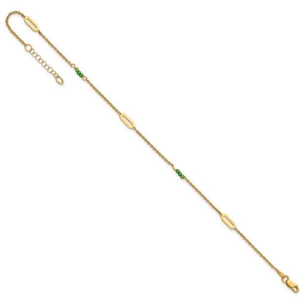 14k Polished Green Zircon Beads and Ovals Anklet Plus Extender