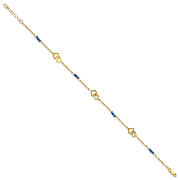 14k Polished Blue Spinel Beads and Squares Anklet Plus Extender