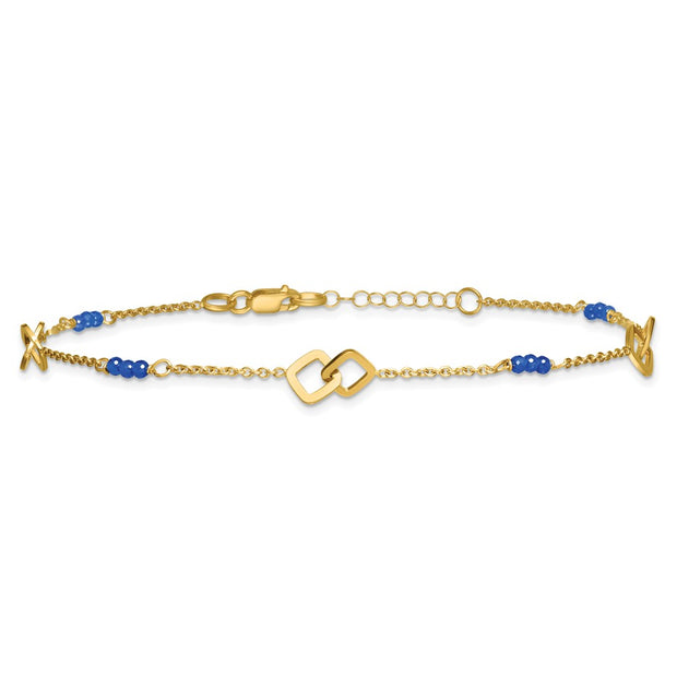 14k Polished Blue Spinel Beads and Squares Anklet Plus Extender