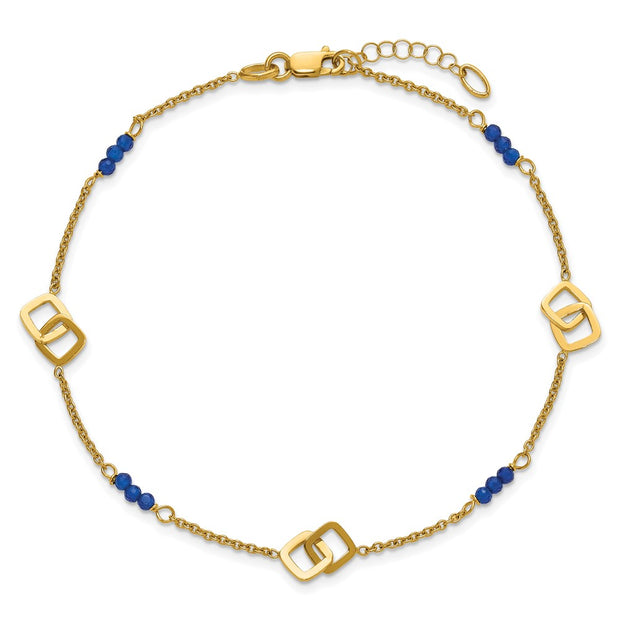 14k Polished Blue Spinel Beads and Squares Anklet Plus Extender