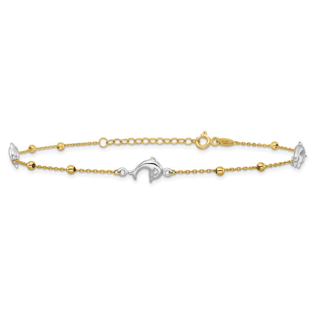 14K Two-tone Polished Beads and Three Dolphins Anklet Plus Extender