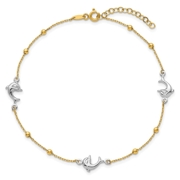 14K Two-tone Polished Beads and Three Dolphins Anklet Plus Extender