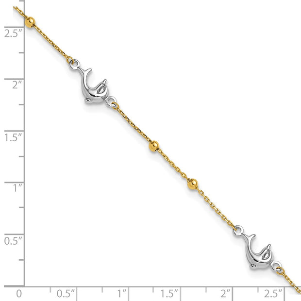 14K Two-tone Polished Beads and Three Dolphins Anklet Plus Extender