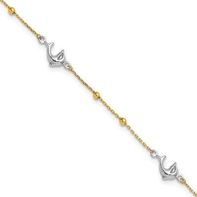 14K Two-tone Polished Beads and Three Dolphins Anklet Plus Extender