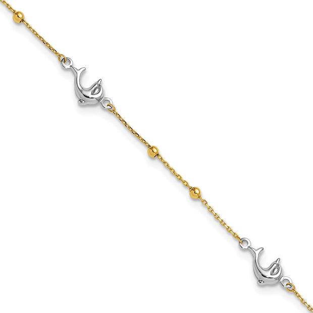 14K Two-tone Polished Beads and Three Dolphins Anklet Plus Extender