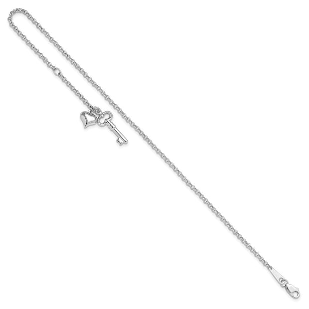14k White Gold Polished Curb Link Chain with Puffed Heart and Key Dangle Anklet Plus Extender