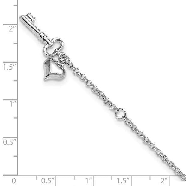 14k White Gold Polished Curb Link Chain with Puffed Heart and Key Dangle Anklet Plus Extender