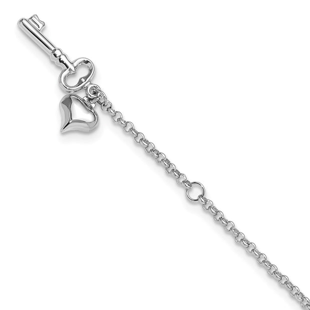 14k White Gold Polished Curb Link Chain with Puffed Heart and Key Dangle Anklet Plus Extender