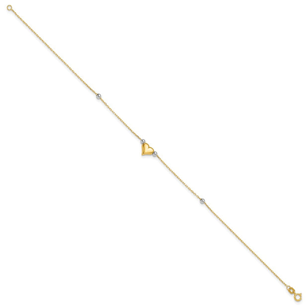 14k Two-tone Polished Puffed Heart with Beads Anklet