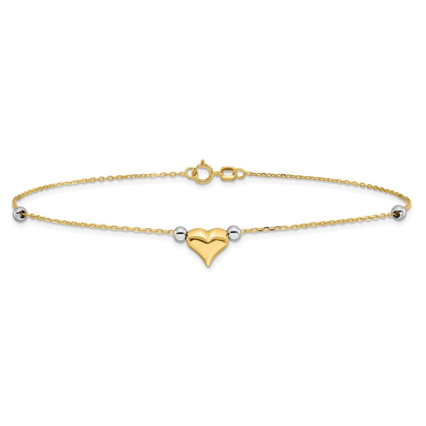 14k Two-tone Polished Puffed Heart with Beads Anklet