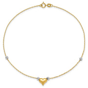 14k Two-tone Polished Puffed Heart with Beads Anklet