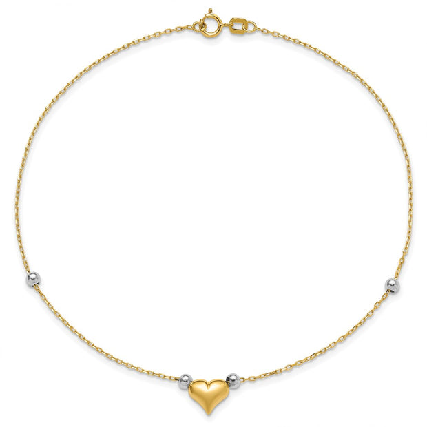 14k Two-tone Polished Puffed Heart with Beads Anklet