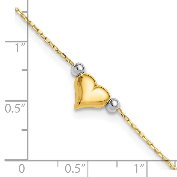 14k Two-tone Polished Puffed Heart with Beads Anklet