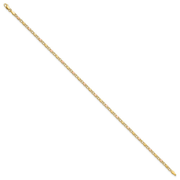 14k Polished and Satin Rose-plated X-and-Heart Anklet