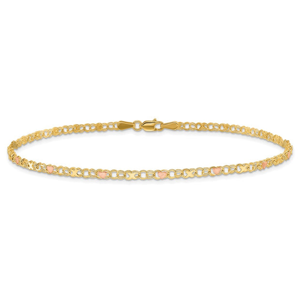 14k Polished and Satin Rose-plated X-and-Heart Anklet