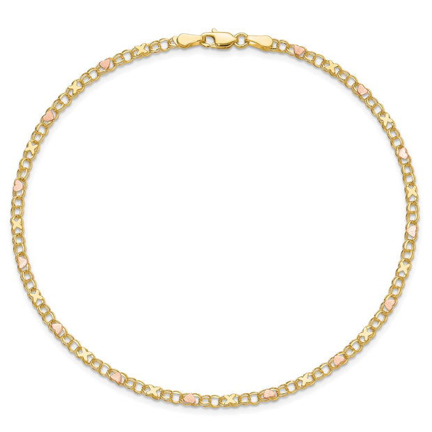 14k Polished and Satin Rose-plated X-and-Heart Anklet