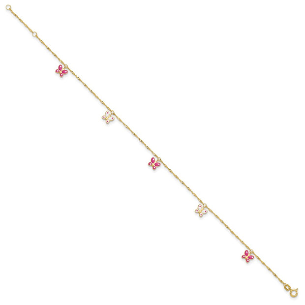 14k Pink and White Enameled Butterfly Dangles Anklet Plus Extender