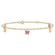 14k Pink and White Enameled Butterfly Dangles Anklet Plus Extender