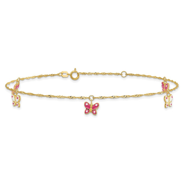 14k Pink and White Enameled Butterfly Dangles Anklet Plus Extender
