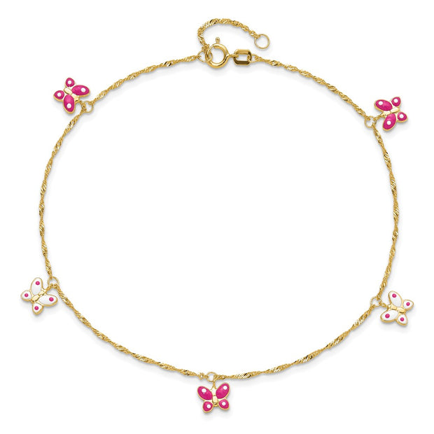14k Pink and White Enameled Butterfly Dangles Anklet Plus Extender