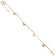 14k Pink and White Enameled Butterfly Dangles Anklet Plus Extender