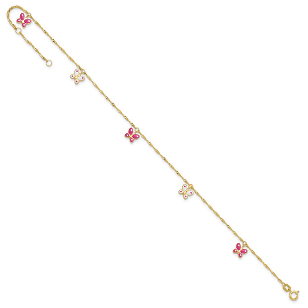 14k Pink and White Enameled Butterfly Dangles Anklet Plus Extender