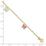 14k Pink and White Enameled Butterfly Dangles Anklet Plus Extender