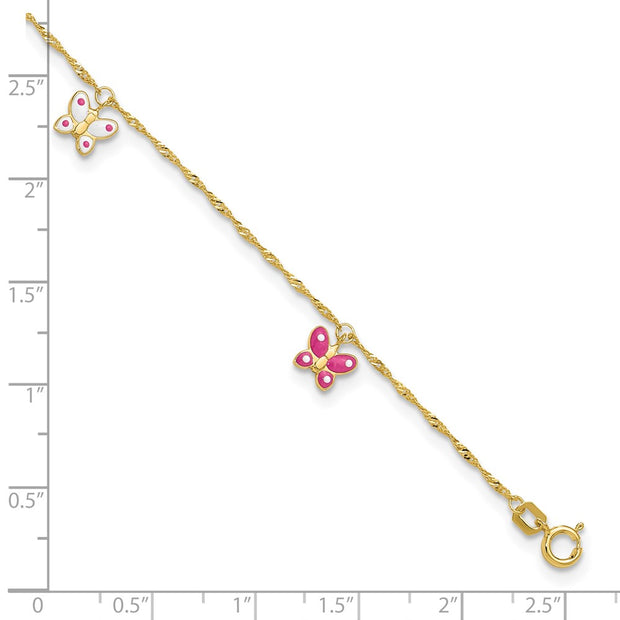 14k Pink and White Enameled Butterfly Dangles Anklet Plus Extender