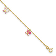 14k Pink and White Enameled Butterfly Dangles Anklet Plus Extender