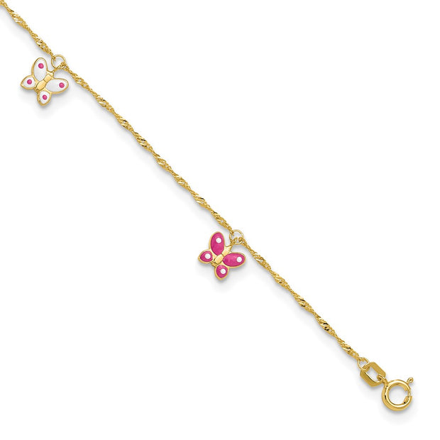 14k Pink and White Enameled Butterfly Dangles Anklet Plus Extender
