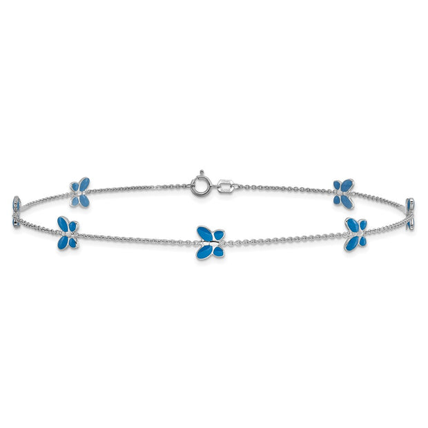 14k White Gold Blue Enameled Butterflies 7-Station Anklet