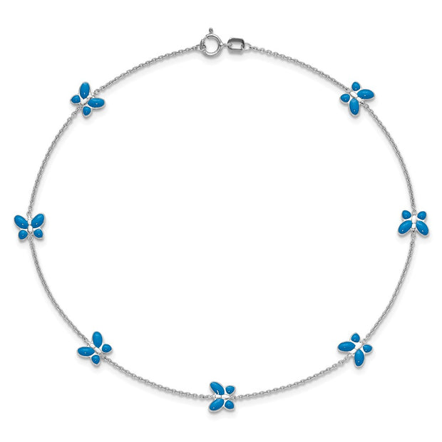 14k White Gold Blue Enameled Butterflies 7-Station Anklet