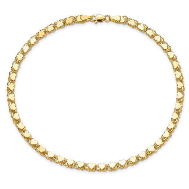 14k Polished Double-Sided Hearts Double Link Anklet