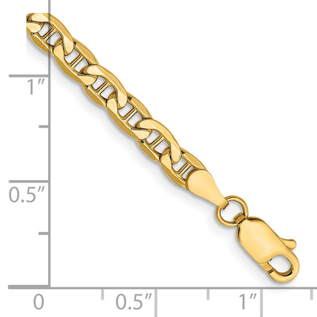 14K 4mm Semi-Solid Anchor with Lobster Clasp Bracelet