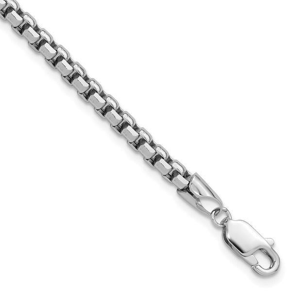 14K White Gold 3.6mm Semi-Solid Round Box with Lobster Clasp Bracelet