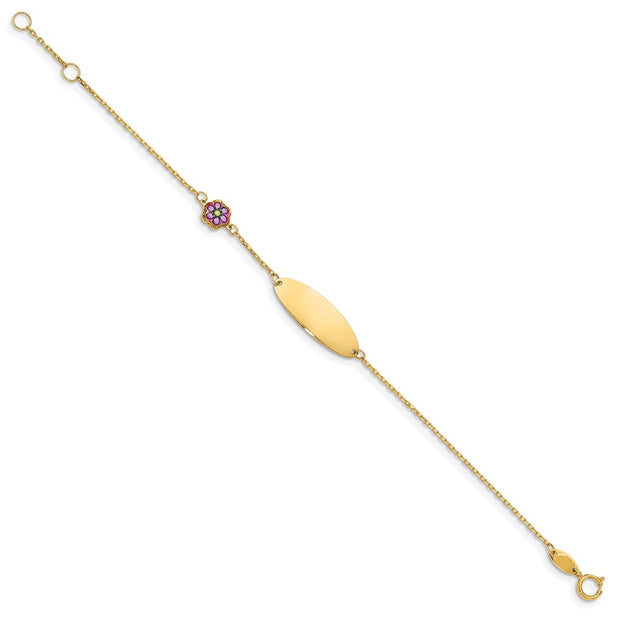 14K Polished Purple Enamel Flower and 20x7mm Plate Baby/Child ID Bracelet with Extender