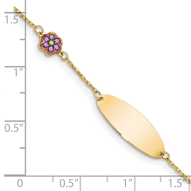14K Polished Purple Enamel Flower and 20x7mm Plate Baby/Child ID Bracelet with Extender