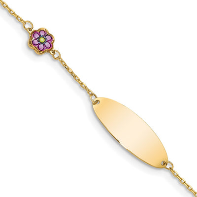 14K Polished Purple Enamel Flower and 20x7mm Plate Baby/Child ID Bracelet with Extender