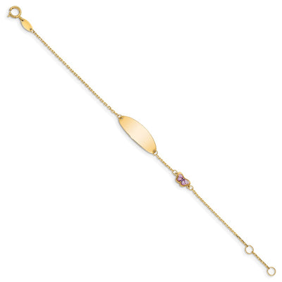 14K Polished Purple Enamel Butterfly and 20x7mm Plate Baby/Child ID Bracelet with Extender