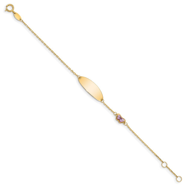 14K Polished Purple Enamel Butterfly and 20x7mm Plate Baby/Child ID Bracelet with Extender