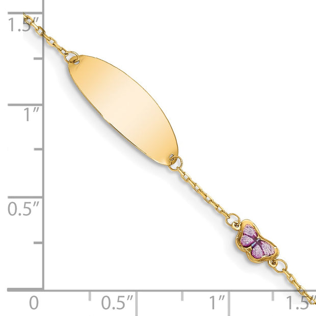 14K Polished Purple Enamel Butterfly and 20x7mm Plate Baby/Child ID Bracelet with Extender