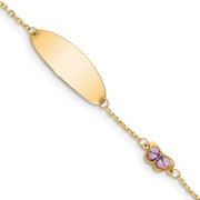14K Polished Purple Enamel Butterfly and 20x7mm Plate Baby/Child ID Bracelet with Extender