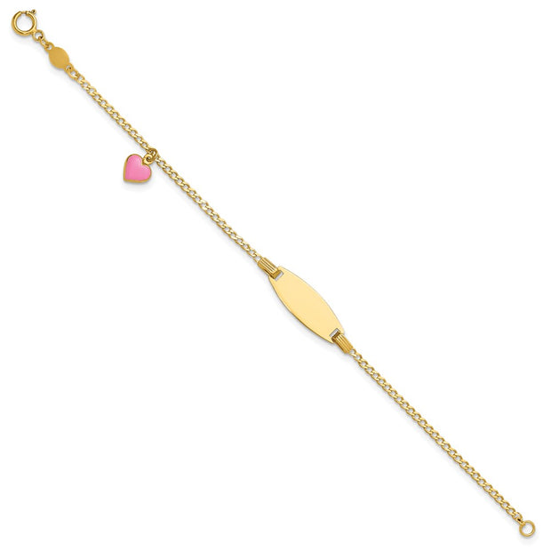 14k Polished Pink Enameled Puffed Heart and 18x5mm Plate Baby/Child ID Bracelet